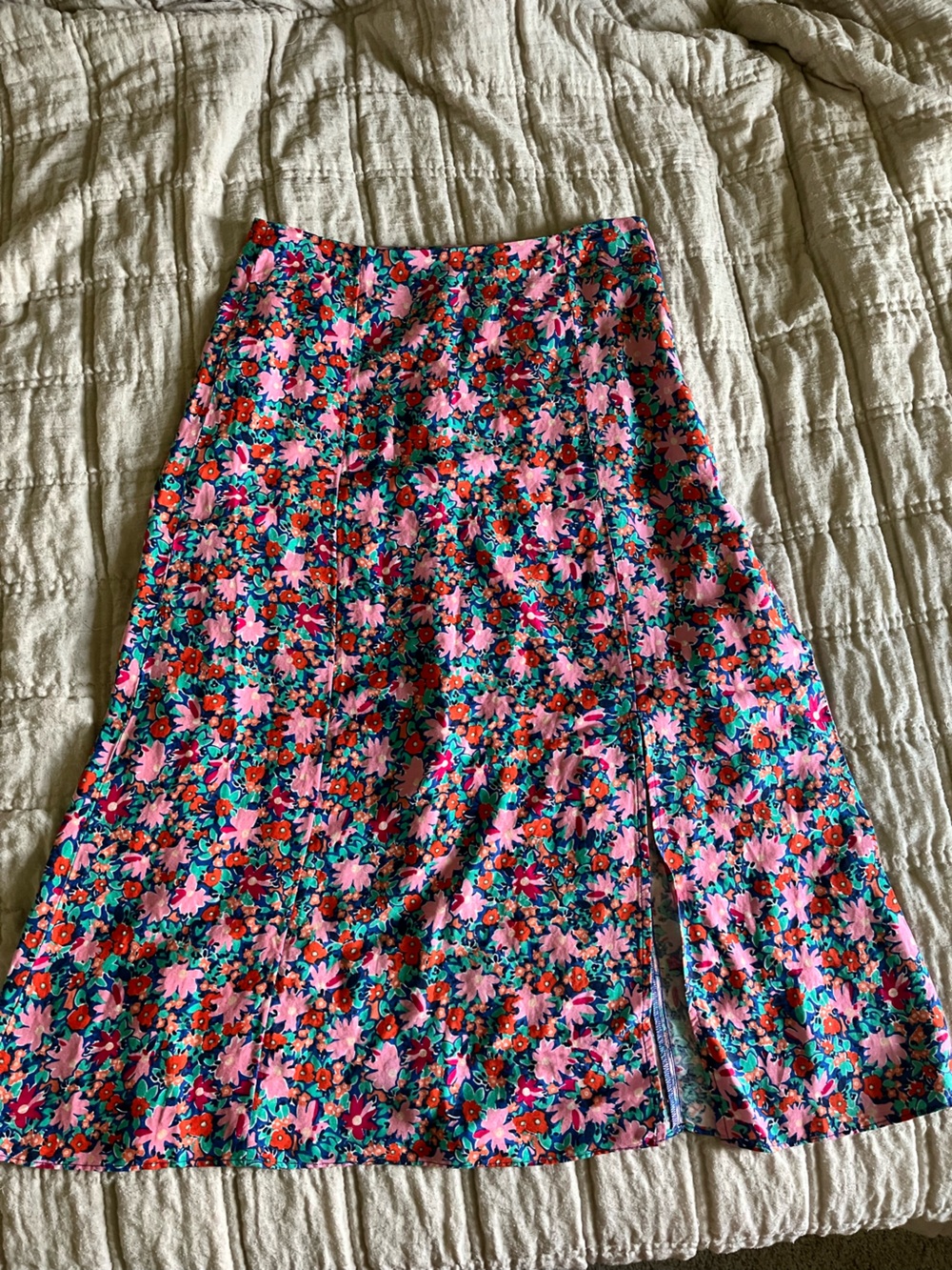 LOFT Pink Floral A-Line Midi Skirt with Teal & Red Accents